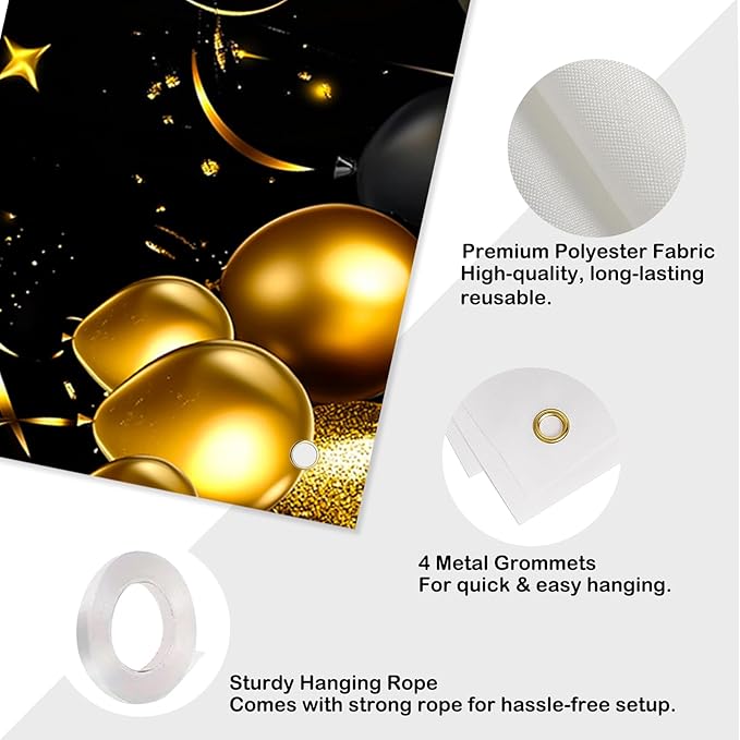 Nuxovilar Happy Birthday Banner Decorations 17.72x78.74 Inch Black Gold Crown Balloon Theme - Polyester for Indoor Outdoor Birthday Party Decor