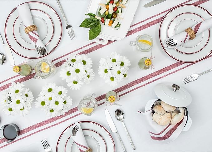 Solino Home Striped Linen Table Runner 36 Inches - 100% Pure Linen Burgundy and White French Stripe Small Table Runner 14 x 36 Inch Ideal for Dresser and Coffee Tables - Fall, Christmas, New Year