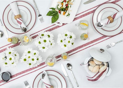 Solino Home Linen Table Runner 120 Inches Long - 100% Pure Linen Burgundy and White French Stripe Table Runner 14 x 120 Inch for Dining, Fall, Autumn, Christmas, New Year