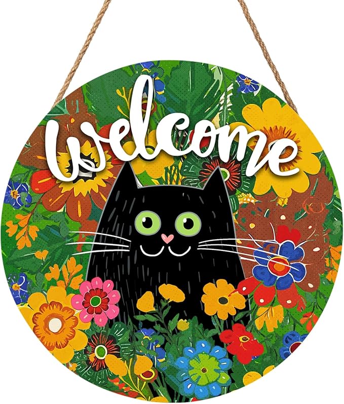 Welcome Spring Black Cat Sign for Front Door Decor Spring Summer Flowers Door Hanger for Outdoor Outside Porch Seasonal Summer Farmhouse Wooden Wreath Colorful Wall Hanging Decoration 12"x12"