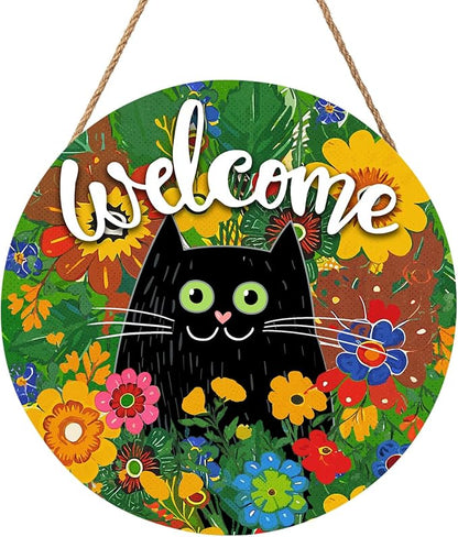 Welcome Spring Black Cat Sign for Front Door Decor Spring Summer Flowers Door Hanger for Outdoor Outside Porch Seasonal Summer Farmhouse Wooden Wreath Colorful Wall Hanging Decoration 12"x12"