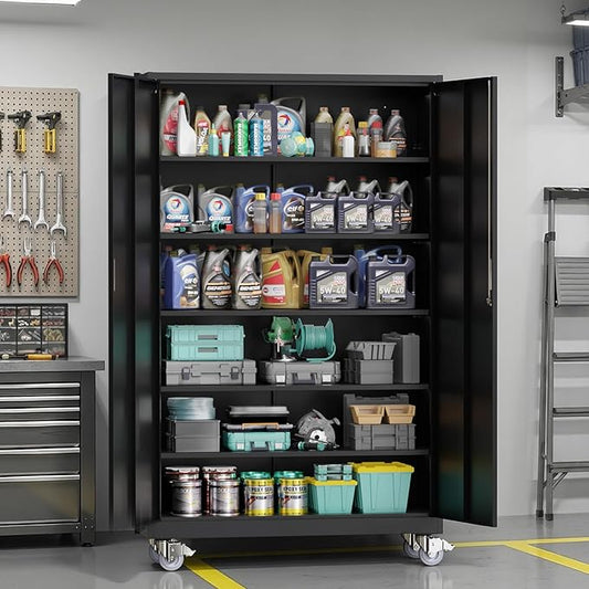 VINGLI Large Metal Storage Cabinet with 2 Doors and 5 Adjustable Shelves, Upgraded Height & Wide & Deep, 43''W x 20''D x 72''H, Oversized Garage Storage Cabinet with Wheels and Locks (Black)