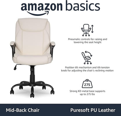 Amazon Basics Classic Puresoft PU Padded Mid-Back Office Chair with Armrest, Height Adjustable, Easy to Assemble, 26"D x 23.75"W x 42"H, Cream