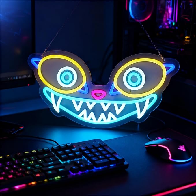 Tiger Neon Sign, Fierce Animal Wall Light, Blue Pink Yellow LED Art, Fantasy Game Room Light (11.2"x16.5")
