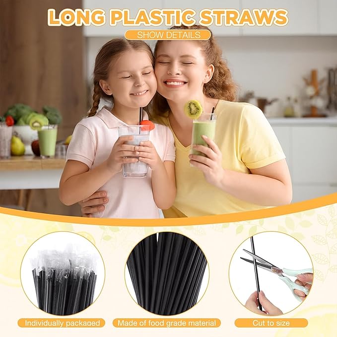 2000 PCS Individually Wrapped Disposable Plastic Drinking Straws, (9" Long, 0.24" Diameter), for Juice, Iced Coffee, Soda, and Party Beverages(Black)