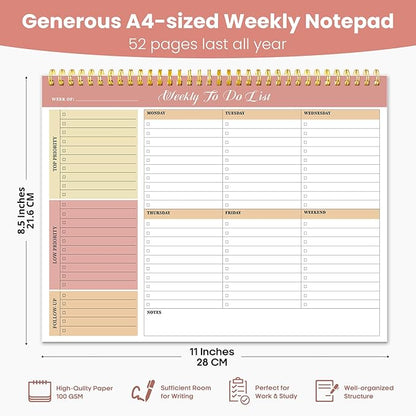 Weekly To Do List Notepad with 52 Undated Sheets（8.5"×11"）6 Pack - Undated Weekly Planner Notepad for Office Desk Accessories and Supplies - Sunshine Petal