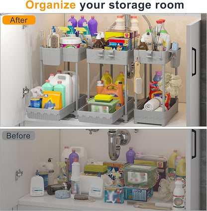 3 Pack Under Sink Organizers, 2-Tier Multi-Use Kitchen and Bathroom Organizers and Storage with Sliding Drawers, Bathroom Cabinet Organizer (Gray, 14.8 Inch)