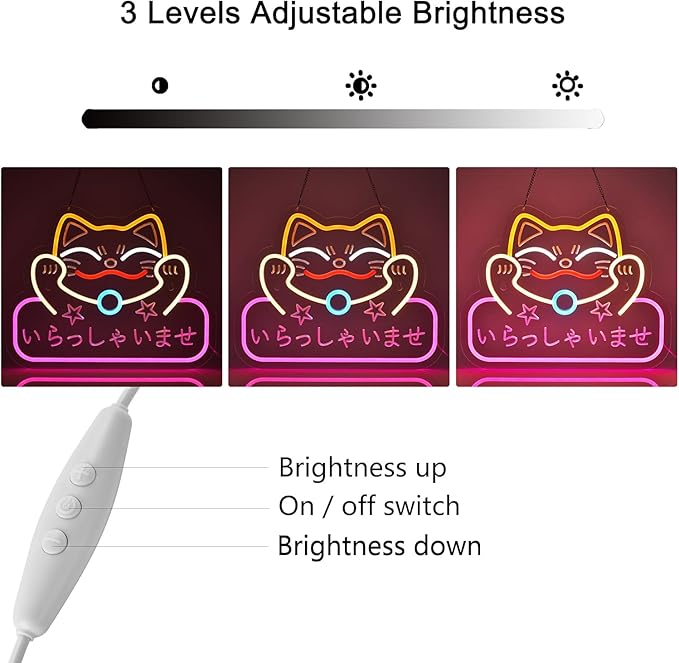 Japanese Welcome Neon Sign Fortune Cat Wall Decor Dimmable Led Neon Lights Japanese Style いらっしゃいませ Neon Billboard for Restaurant Shop Store Window USB Powered 16.1" x 12.6"