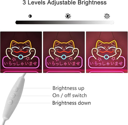 Japanese Welcome Neon Sign Fortune Cat Wall Decor Dimmable Led Neon Lights Japanese Style いらっしゃいませ Neon Billboard for Restaurant Shop Store Window USB Powered 16.1" x 12.6"