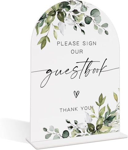 Wedding Signs for Reception, Green Leaves Please Sign Our Guestbook, Wedding Reception Signage, Bridal Shower Table Decorations with Base, Supplies for Proposal, Bridal Shower Events and Ceremony, 14