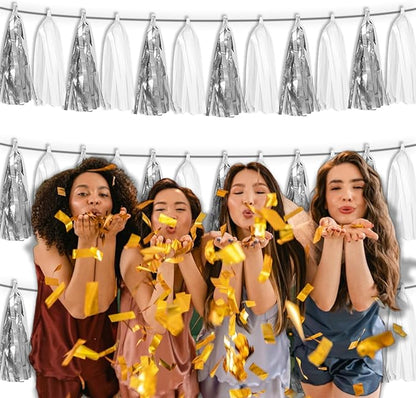 3P White Silver Tassel Banner Garland Metallic Foil Fringe Banner Tinsel Tassels Streamer Banner Backdrop for Parade Floats, Graduation Bridal/Baby Shower Retirement Party Decorations