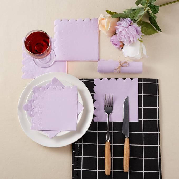 200 Pack Cocktail Napkin 2-Ply Scalloped Edged Dessert Napkins Folded 5 x 5 Inches Disposable Napkins for Dinner Wedding Birthday Party Bridal Anniversary Reception Event (Purple)