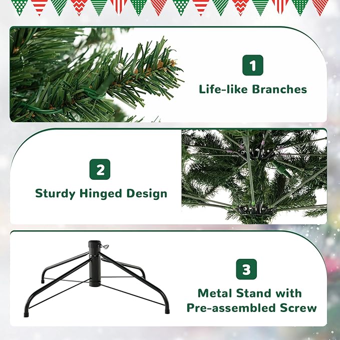 GOLFAME 7FT Pre-Lit Artificial Christmas Tree, Decorative Hinged Xmas Tree with 700 LED Lights, 1188 Branch Tips, Upgraded Metal Stand, Christmas Holiday Tree for Home Office Party