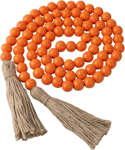 Wood Bead Garland 58 Inch Orange Wooden Beads for Boho Farmhouse Table Home Decor with Tassel, Wooden Prayer Bead, Rustic Country Boho Wall Hanging Decor for Kitchen Modern Living Room Tray Vase Shelf