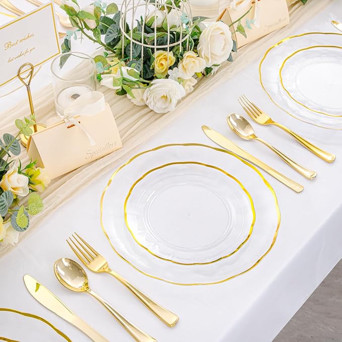 EI 150pcs Clear Plastic Plates with Gold Plastic Silverware,Disposable Plate Heavy Duty,Clear and Gold Dinnerware Set,Elegant Plates for Party,Wedding,Thanksgiving,Christmas,New Year