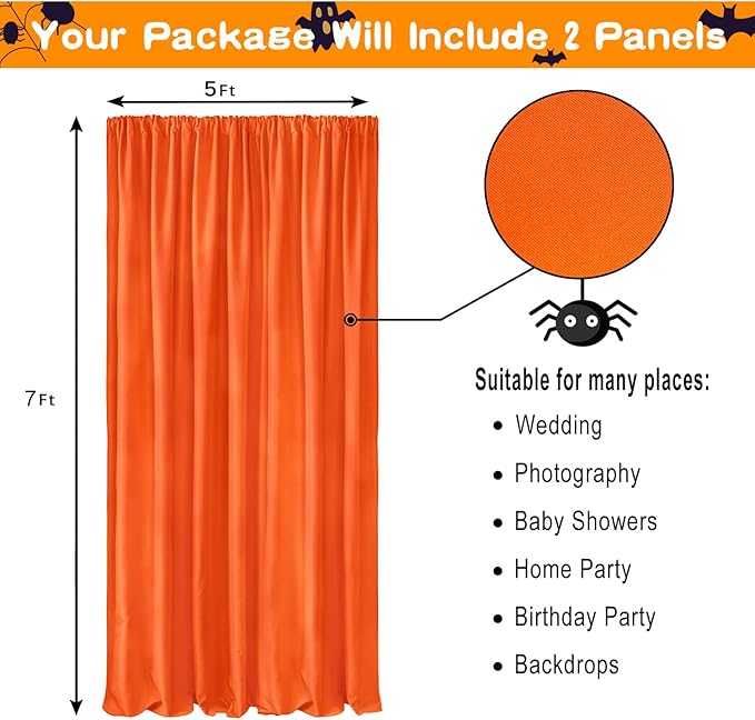 Hiasan Orange Backdrop Curtains for Parties, Polyester Photography Backdrop Drapes for Family Gatherings, Wedding Decorations, 5ftx7ft, Set of 2 Panels