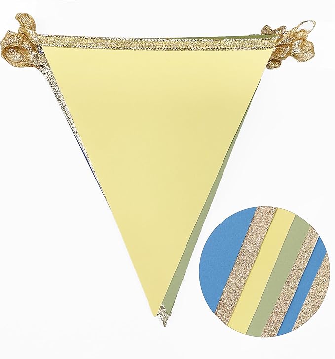 Champagne Gold Dusty Blue Sage Green Yellow Pennant Banner Flag Olive Green Macaron Yellow Blue Hanging Glitter Paper Triangle Bunting for Baby Shower Birthday Wedding Hen Party Decorations Supplies