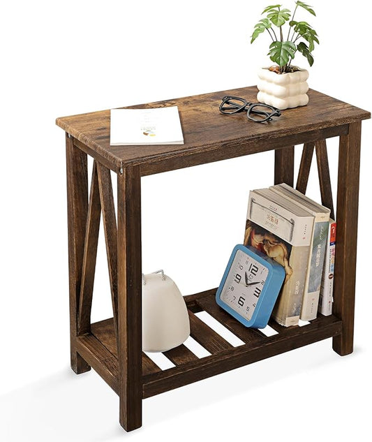 End Side Table with Storage Shelf Rectangle Narrow Nightstand Console Tables Brown Smooth End Table for Small Spaces Industrial Accent Side Table for Living Room Bathroom Bedroom