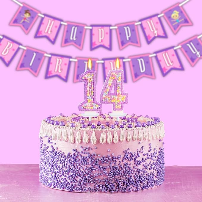 Purple Birthday Candles - Number 14 Candle, Colorful Macaron Candles, 14 Birthday Decorations for Girls, Purple Cake Decorations, Theme Party Supplies