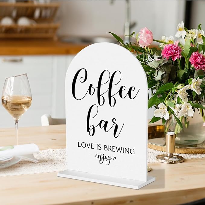 Coffee Bar Sign Love Is Brewing Decorations Modern Minimalist Style Coffee Signs for Hot Cocoa Station Wedding Engagement Bridal Shower Ceremony Reception Event Clear Table Acrylic Decor