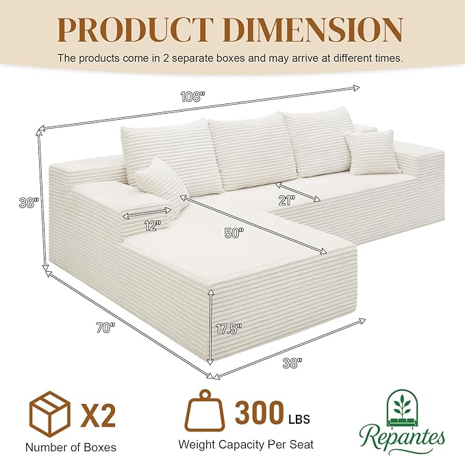 108" L Shaped Boneless Sectional Couches for Living Room, Comfy Corduroy Floor Cloud Sofa with Chaise, Wide Armrest, Deep Seat, Memory Foam, Assembly Free, Ideal for Small Spaces, White
