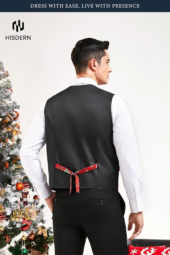 HISDERN Men's Suit Vest Christmas Holiday Season Party Jacquard Waistcoats Necktie Pocket Square Vest Suit Set