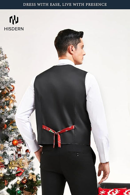 HISDERN Men's Suit Vest Christmas Holiday Season Party Jacquard Waistcoats Necktie Pocket Square Vest Suit Set