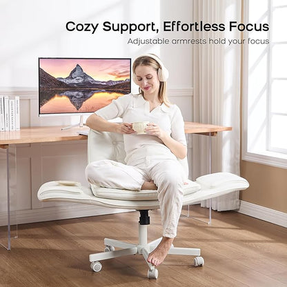 Criss Cross Chair with Armrests & Wheels, PU Leather Vanity Chair, Comfortable Adjustable Swivel Computer Office Desk Chairs for Home, Make Up, Bed Room (White)