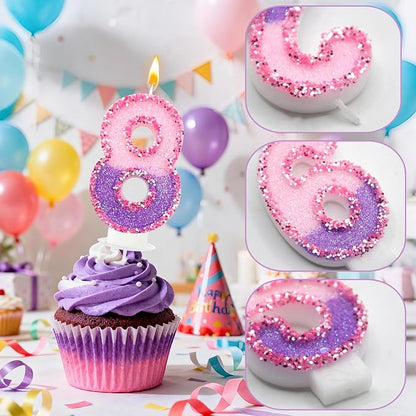 Birthday Number Candles for Cake, Pink Purple Glitter Number Candles for Cake Toppers, Ideal Birthday Parties Cake Decor, Wedding Anniversary and Other Celebrations (8 Candle)
