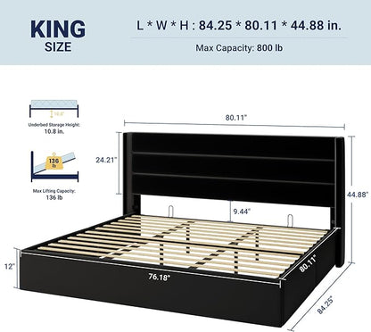 Allewie King Size Velvet Lift Up Storage Bed, Modern Wingback Headboard, Hydraulic Support, No Box Spring Needed, Black