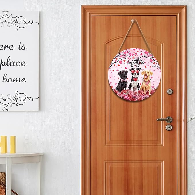 Hello Valentine's Day Dogs Welcome Wreath - Wooden Hanging Sign, 12x12 Inch Valentine Door Decoration for Anniversary, Wedding, Home, Indoor, Outdoor, Wall, Window