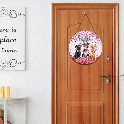 Hello Valentine's Day Dogs Welcome Wreath - Wooden Hanging Sign, 12x12 Inch Valentine Door Decoration for Anniversary, Wedding, Home, Indoor, Outdoor, Wall, Window