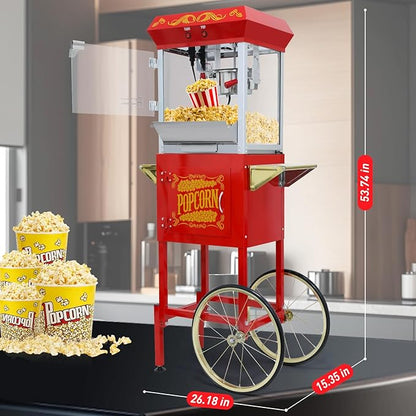 Vintage Commercial Popcorn Machine with Cart - 8oz Kettle for 32 Cups/Batch, with Warming Lamp, Glass View Door and Wheels for Home Theater and Parties (Red)