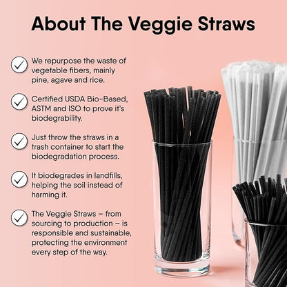 – 300 PCS of 8.25 Inches Individually Wrapped Black Biodegradable Straws – Made of Vegetable Fibers, Best Environment Friendly Drinking Straws for Hot and Cold Beverages