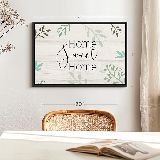 Elephant Stock Home Sweet Home Foliage Wall Art - Horizontal Floating Framed Canvas - 1-Piece Living Room Wall Decor - Leaf Digital Art Canvas Print - Beige and Black Decor for Wall by Susan Jill - 25" X 17"