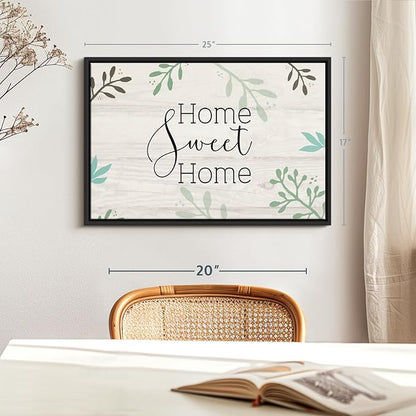 Elephant Stock Home Sweet Home Foliage Wall Art - Horizontal Floating Framed Canvas - 1-Piece Living Room Wall Decor - Leaf Digital Art Canvas Print - Beige and Black Decor for Wall by Susan Jill - 25" X 17"