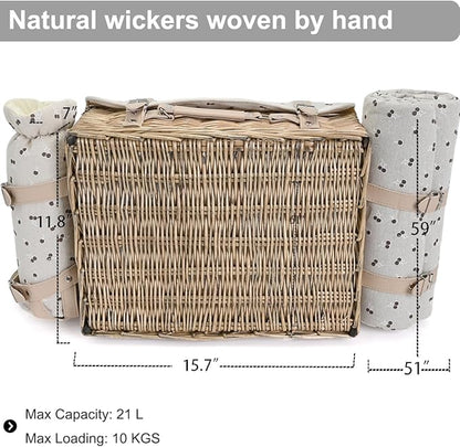 Multifunctional Wicker Picnic Basket Set for 2 with Blanket and Picnic Table, Insulated Picnic Set with Full Tablewares for Camping Outdoor Couples,Cherry