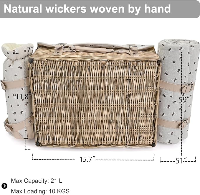 Multifunctional Wicker Picnic Basket Set for 4 with Blanket and Picnic Table, Insulated Picnic Set with Full Tablewares for Camping Outdoor Couples,Cherry
