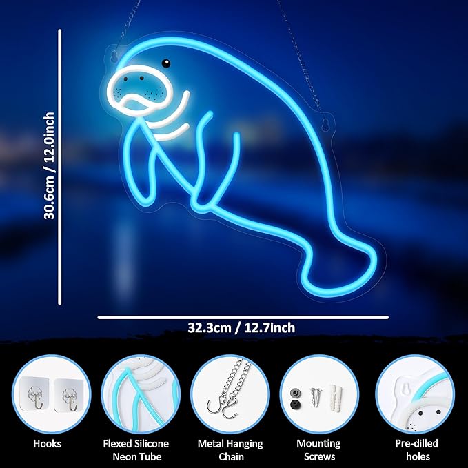 Manatee Neon Sign, Dimmable Wall Decor Light. Birthday Party Decorations for Home, Patio, Garden, Bars, Restaurants, Hotels, Stores, Clubs, Gift for Friends Family and Kids