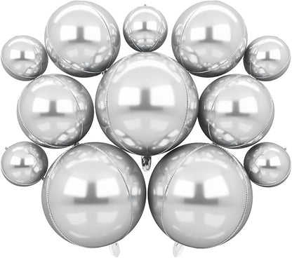 12PCS Silver Foil Balloons 22in 15in 10in Different Sizes Large Silver Foil Metallic Balloons 4D Round Chrome Balloon for Graduation New Year Birthday Party Decorations