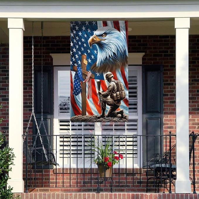 FLAGWIX American Flag-Patriotic Eagle Veteran Kneeling Soldier Christ Cross Memorial Day American Flag MLN2793F, House Flag (29.5" x 39.5")-USA Flags Premium Polyester-Decorative Indoor Outdoor Flag