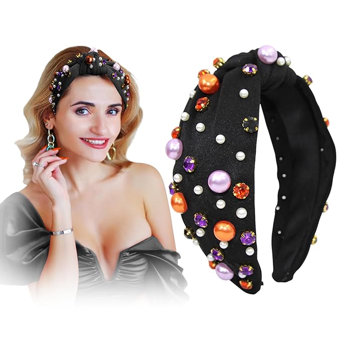 Festive Headbands for Women, Beaded Pearl Rhinestone Crystal Jeweled Hairband, Holiday Headbands for Women, Pearl Hair Accessory, Fashion Elegant Ladies Wide Top Knot Hair Bands. (Black, Medium)