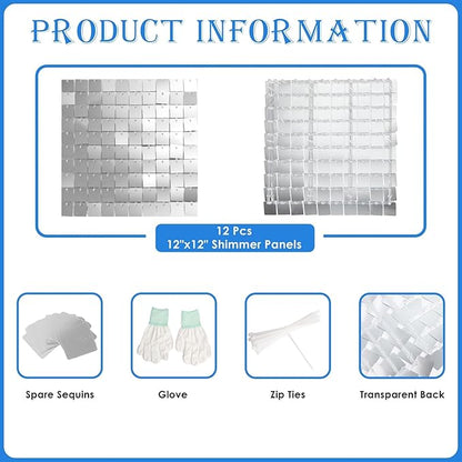 Shimmer Wall Backdrop Silver 3FTx4FT Square Sequin Wall Panel Backdrop Decor for Wedding, Anniversary, Birthday, Party, 12 Panels