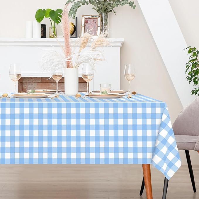 4 Pcs Light Blue Checkered Tablecloth Rectangular Pale Blue and White Gingham Tablecloths Disposable Plastic Plaid Table Cover for Parties, Outdoor Picnic, Birthday, Wedding, Camping 54 × 108 Inch