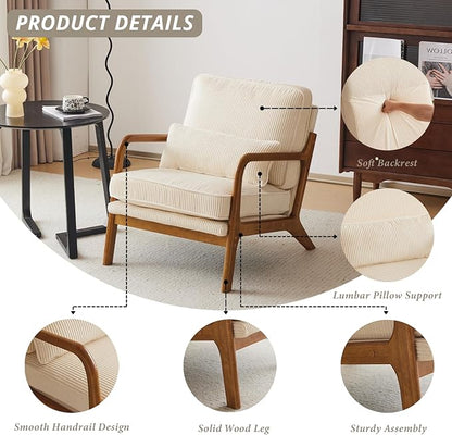 Karl home Mid-Century Modern Accent Chair, Living Room Chairs with Pillow Corduroy Upholstered Lounge Armchair with Solid Wood Frame & Soft Cushion for Bedroom, Reading Room, Beige