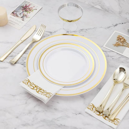 BESTVIP 700 PCS Gold Dinnerware Set for 100 Guests, Plastic Dinnerware Set for Party, Christmas, Halloween, Include: 200 Plastic Plates, 100 Gold Silverware, 100 Cups, 100 Paper Napkins