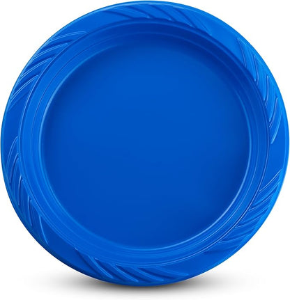Munfix 100 Blue Plastic Plates Set - 9 Inch Disposable Dinner Plates Bulk Pack, for Party, BBQ, Picnic, Parties, Travel and Events, Microwavable Recyclable