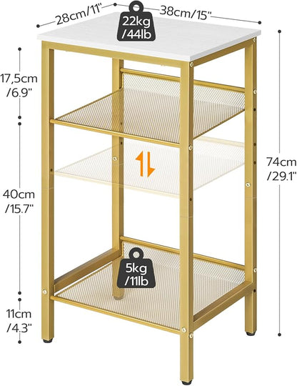 HOOBRO Tall Side Table, 3-Tier Telephone End Table with Adjustable Mesh Shelves, Small Entryway Table with Storage, Small Nightstand for Living Room, Bedroom, Hallway, White and Gold DW01DH01G1