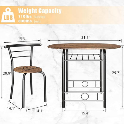 JUMMICO 3-Piece Wooden Round Table & Chair Set, Space Saving Kitchen Breakfast Nook Wood Grain Tabletop with Metal Frame and Built-in Wine Rack for Kitchen, Dining Room (Brown/Black)