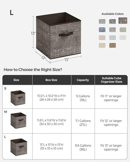 SONGMICS Storage Cubes, 13-Inch Non-Woven Fabric Bins with Double Handles, Set of 6, Closet Organizers for Shelves, Foldable, for Clothes, Walnut Color UROB033K02